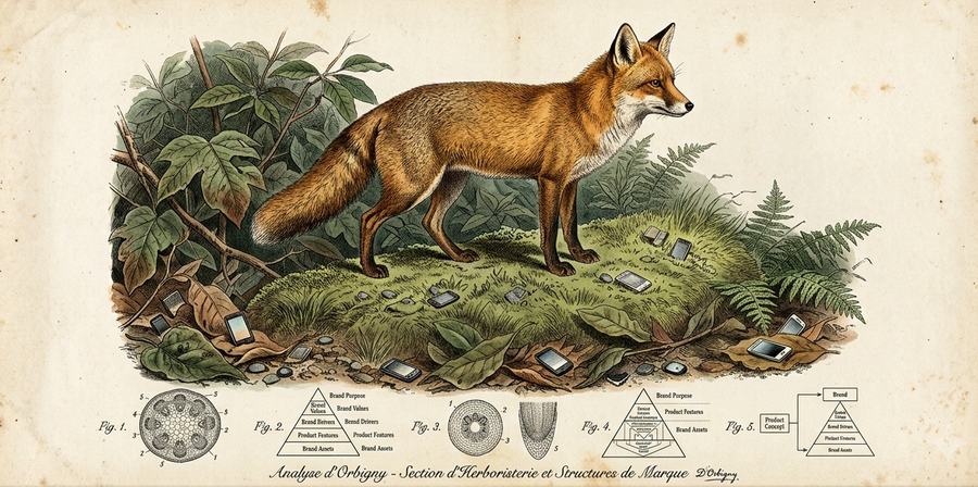 A mock nineteenth-century natural history plate: a red fox on a mossy bank strewn with discarded smartphones, with five small brand-architecture pyramids printed beneath.