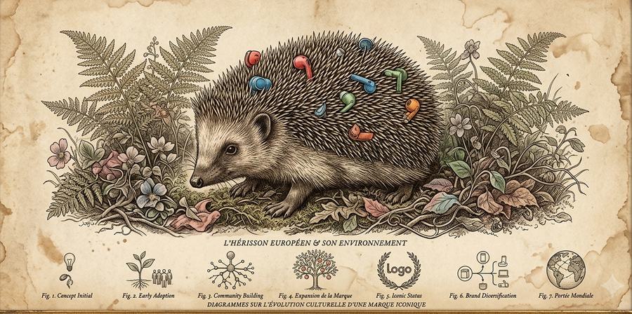 A mock nineteenth-century natural history plate: a European hedgehog in undergrowth, wireless earbuds lodged among its spines, with seven small diagrams of brand evolution printed beneath.